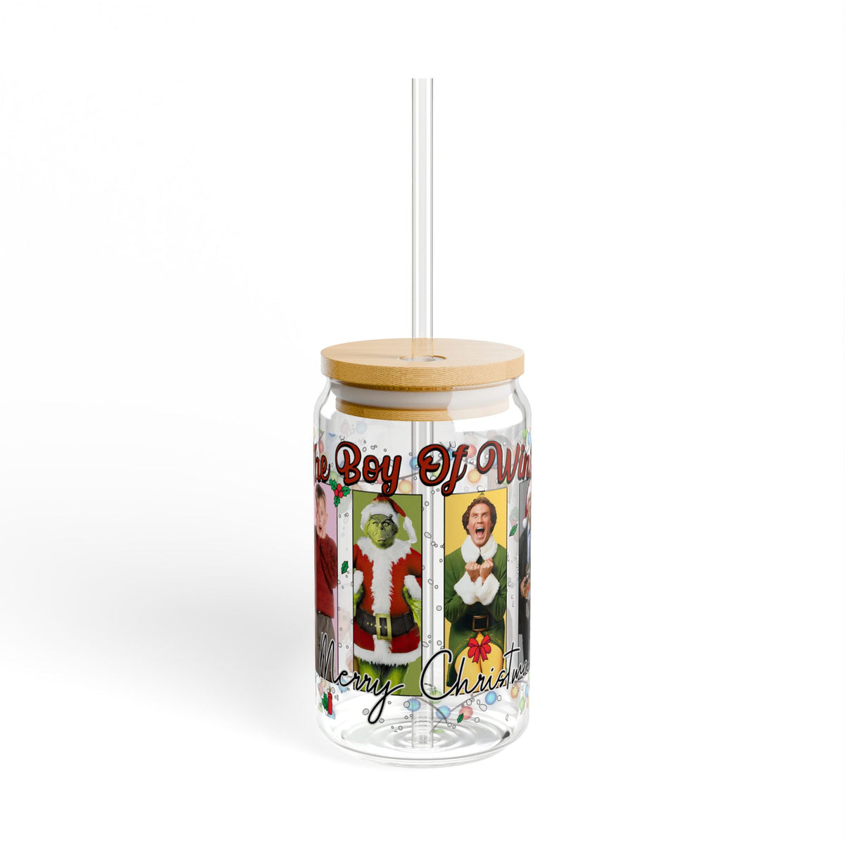 * HOLIDAY - Christmas Movie Collage Sipper Glass - 16oz Holiday Party Tumbler (The Grinch, Elf)