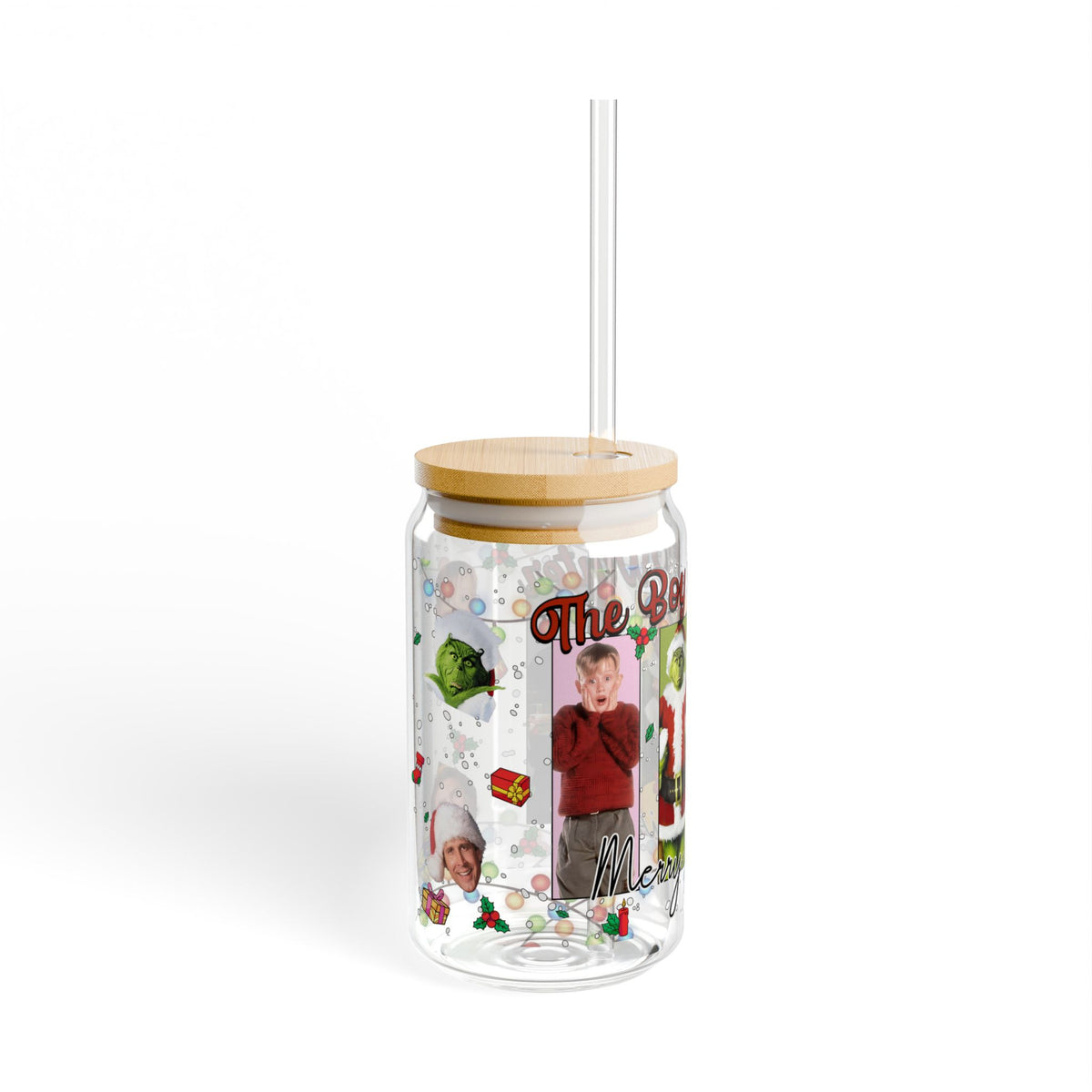 * HOLIDAY - Christmas Movie Collage Sipper Glass - 16oz Holiday Party Tumbler (The Grinch, Elf)