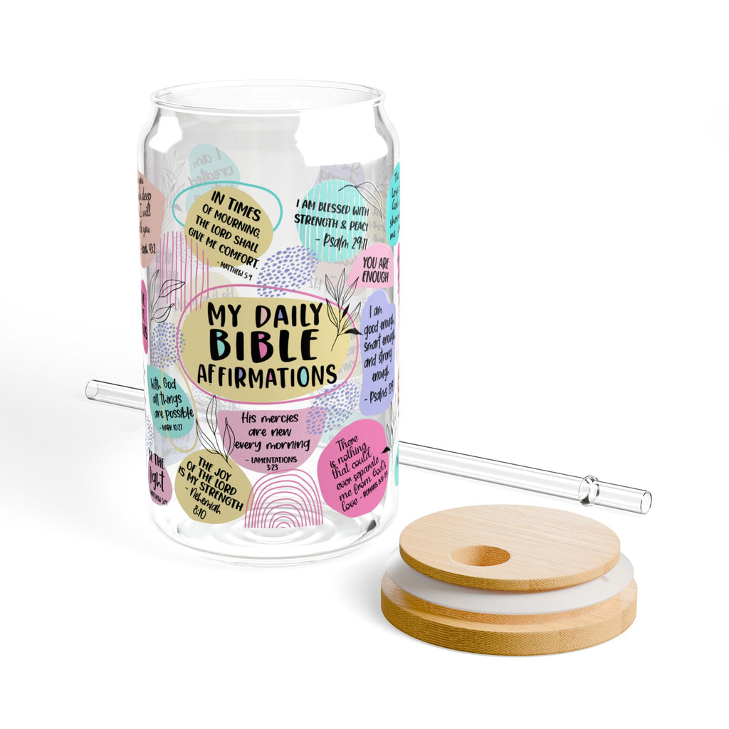FAITH DESIGNS -  Daily Bible Affirmations - Inspirational 16 OZ Glass Jar with Straw