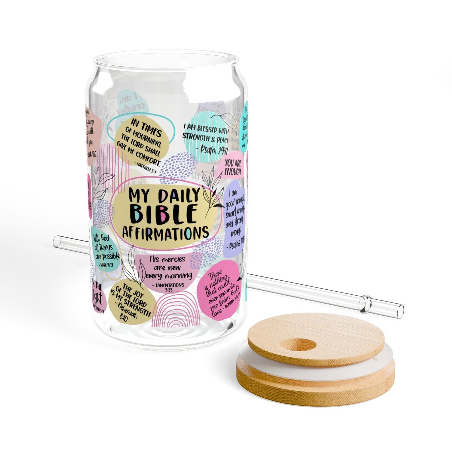FAITH DESIGNS -  Daily Bible Affirmations - Inspirational 16 OZ Glass Jar with Straw