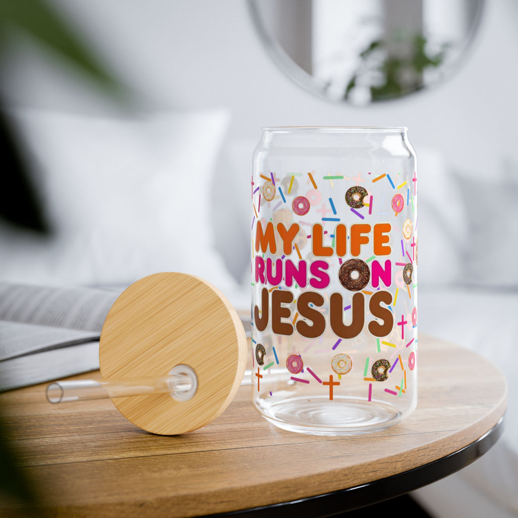 FAITH DESIGNS - My Life Runs on Jesus 16oz Sipper Glass Tumbler