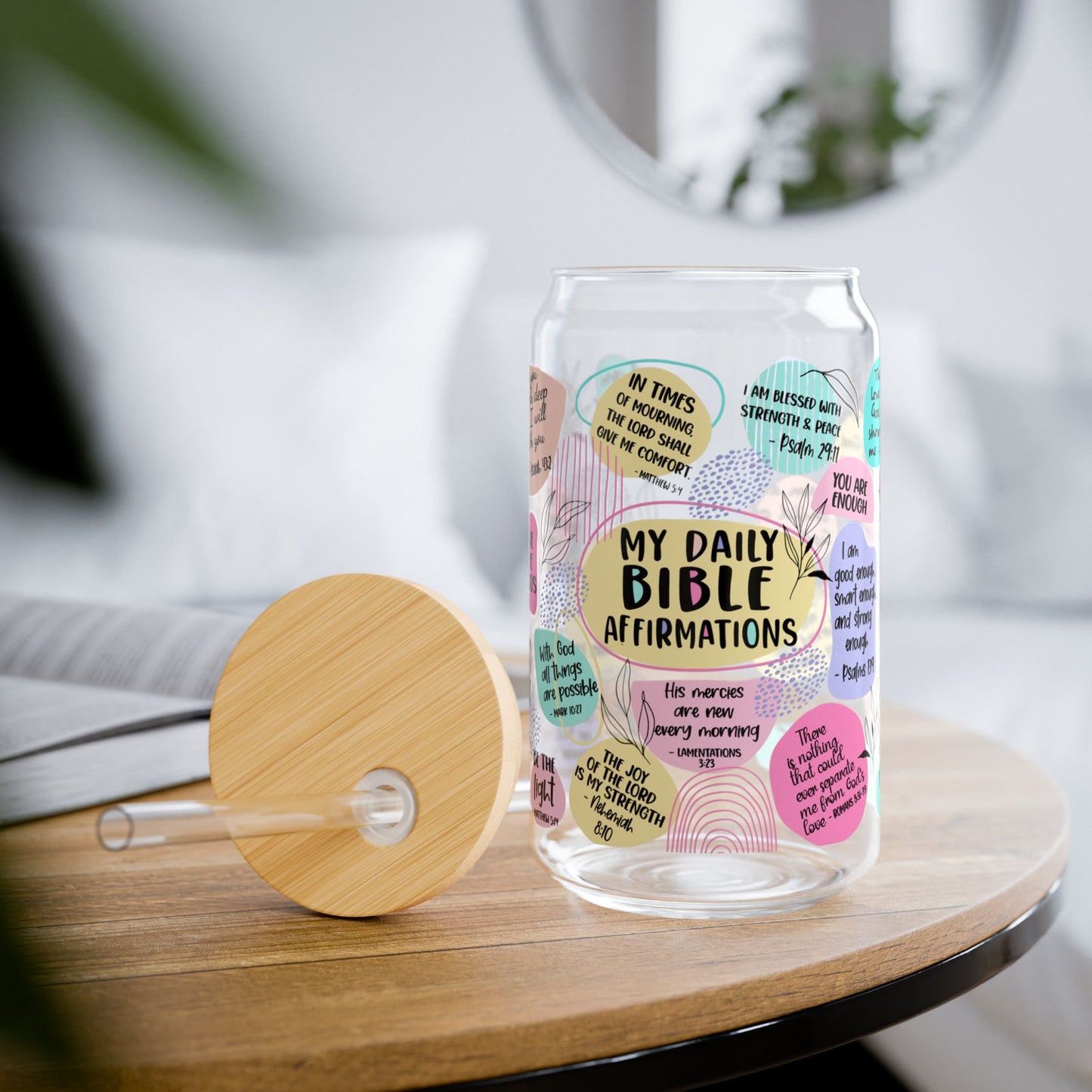 FAITH DESIGNS -  Daily Bible Affirmations - Inspirational 16 OZ Glass Jar with Straw
