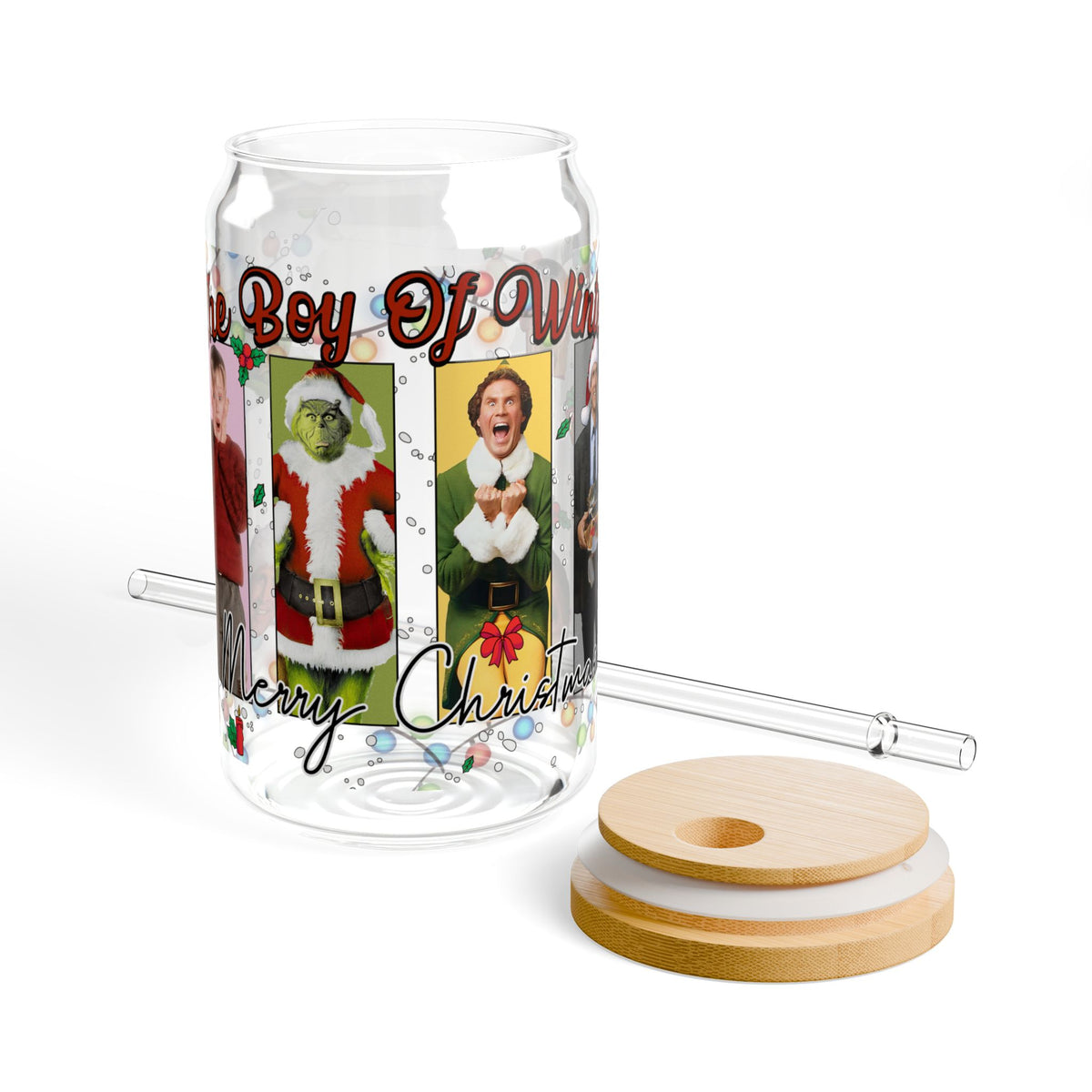 * HOLIDAY - Christmas Movie Collage Sipper Glass - 16oz Holiday Party Tumbler (The Grinch, Elf)