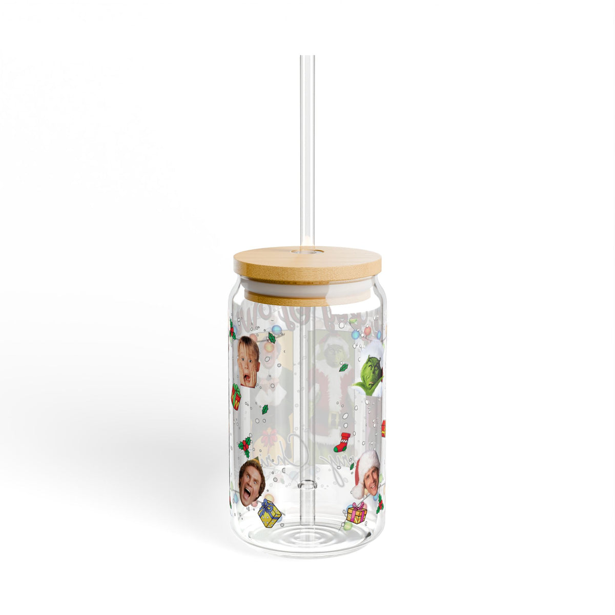 * HOLIDAY - Christmas Movie Collage Sipper Glass - 16oz Holiday Party Tumbler (The Grinch, Elf)
