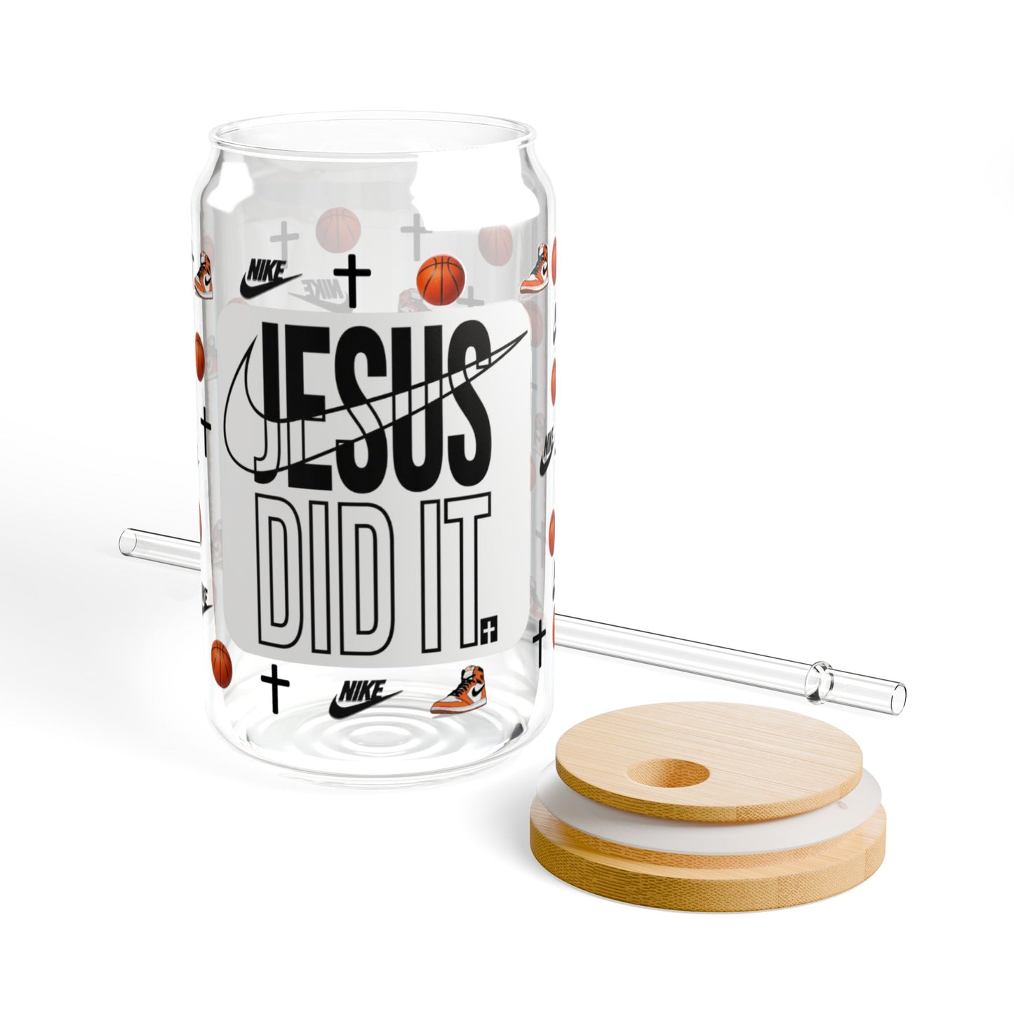 FAITH DESIGNS - Jesus Did It 16 OZ GLASS Tumbler with Straw