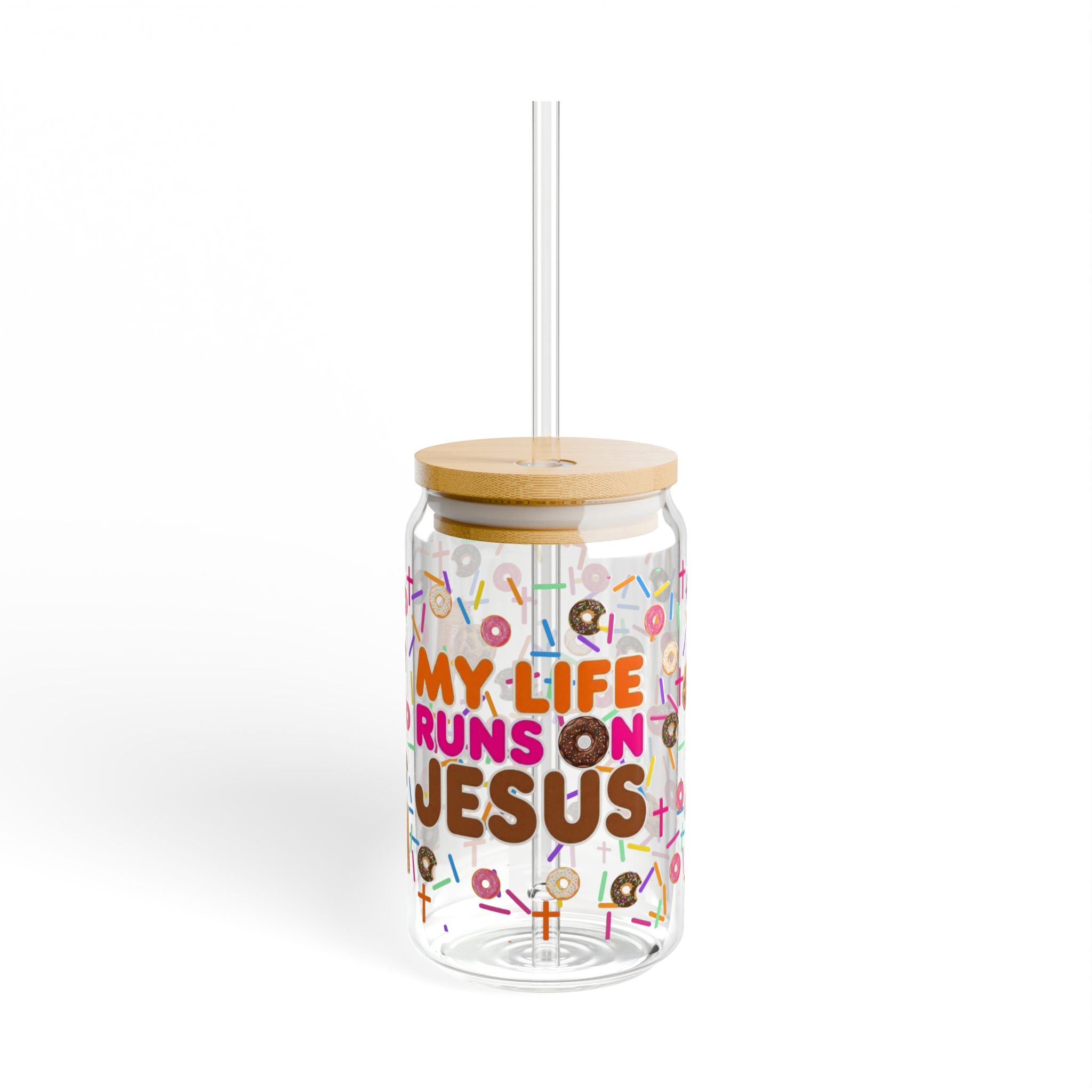 FAITH DESIGNS - My Life Runs on Jesus 16oz Sipper Glass Tumbler