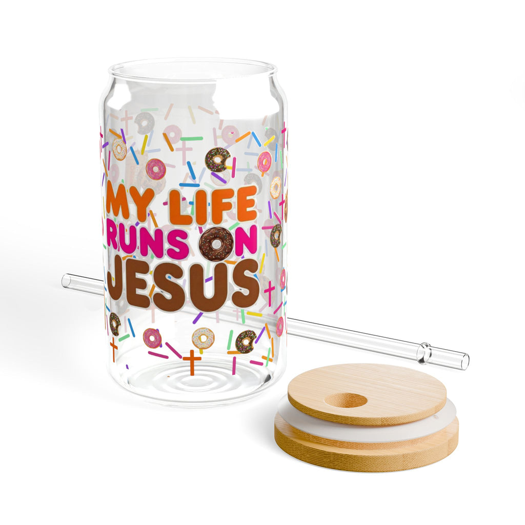 FAITH DESIGNS - My Life Runs on Jesus 16oz Sipper Glass Tumbler