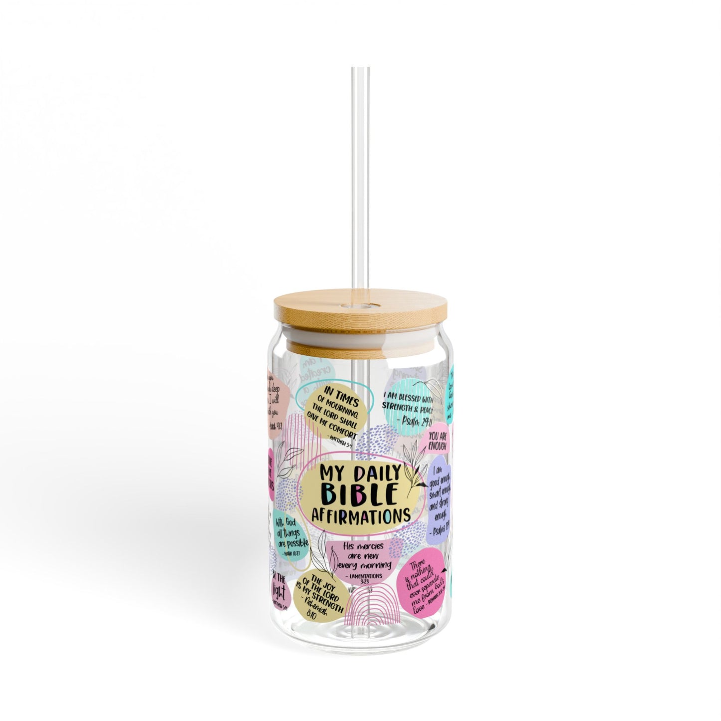 FAITH DESIGNS -  Daily Bible Affirmations - Inspirational 16 OZ Glass Jar with Straw