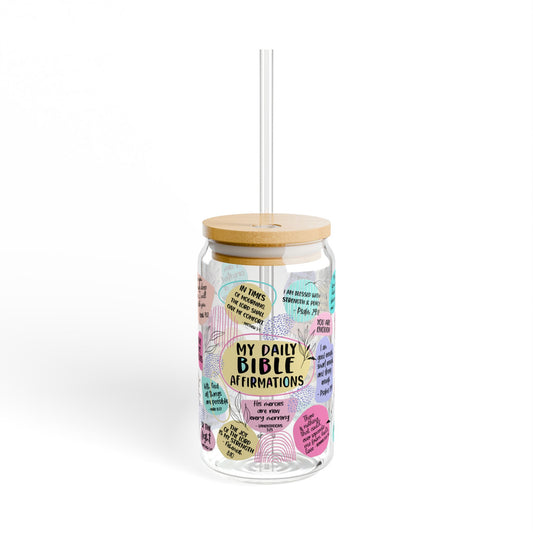FAITH DESIGNS -  Daily Bible Affirmations - Inspirational 16 OZ Glass Jar with Straw