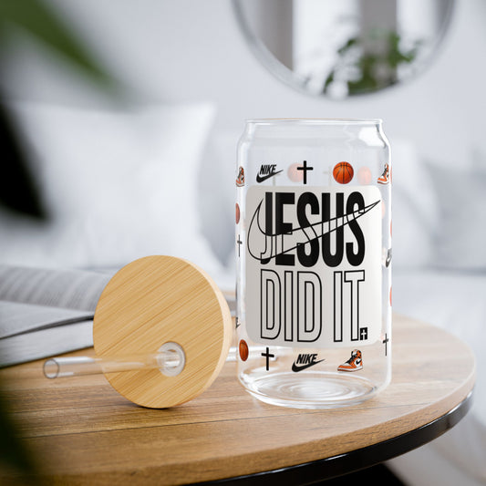 FAITH DESIGNS - Jesus Did It 16 OZ GLASS Tumbler with Straw